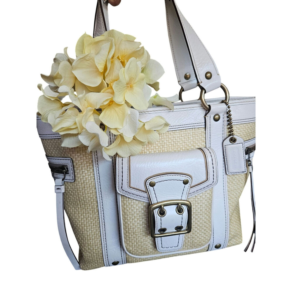 Vintage Coach Legacy 113 Straw Tote White Leather Y2K Shoulder Bag L05K